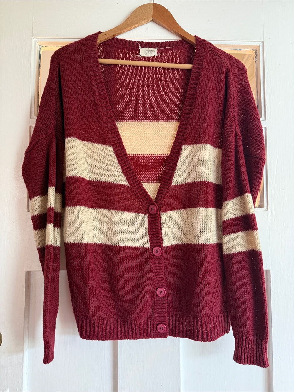 Urban Outfitters Burgundy and Cream ButtonFront Women's M Cardigan Sweater